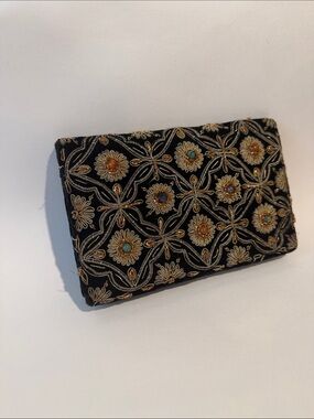 Embroidered Black Floral Evening Clutch Bag